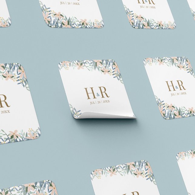 Wildflower Monogram Wedding Date Square Sticker (Creator Uploaded)
