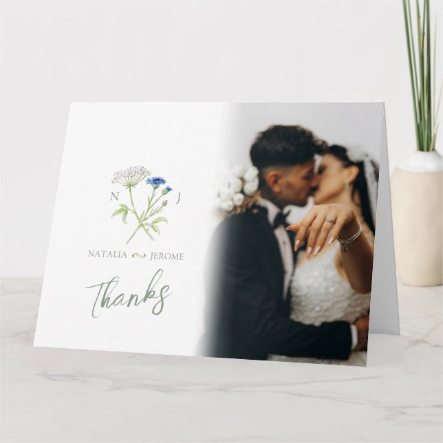 Wildflower monogram wedding photo QR Code Letterpress Thank You Card (Front)