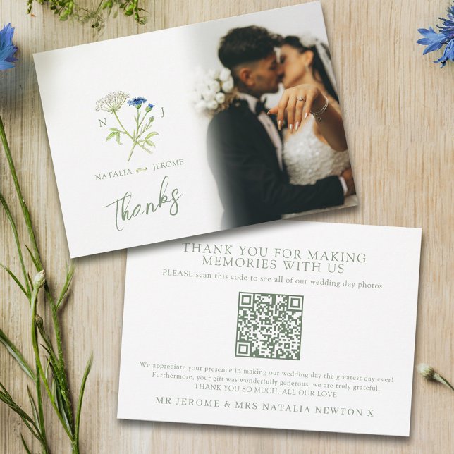 Wildflower monogram wedding photo QR Code Thank You Card (Creator Uploaded)