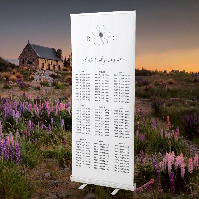 Wildflower Monogram Wedding Seating Chart Retractable Banner (Minimalist Wildflower Hand-Drawn Monogram Wedding Retractable Banner)