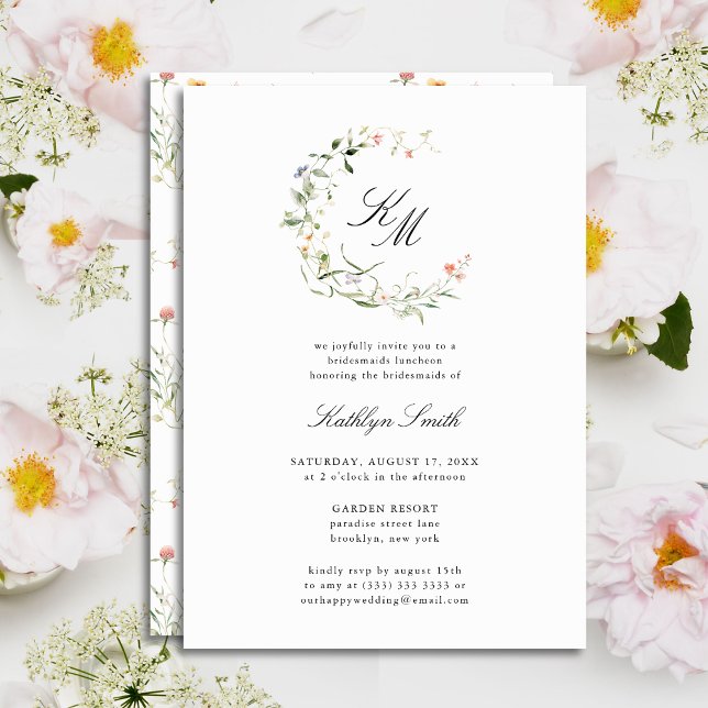 Wildflower Monogram Wreath Bridesmaids Luncheon Invitation (Creator Uploaded)