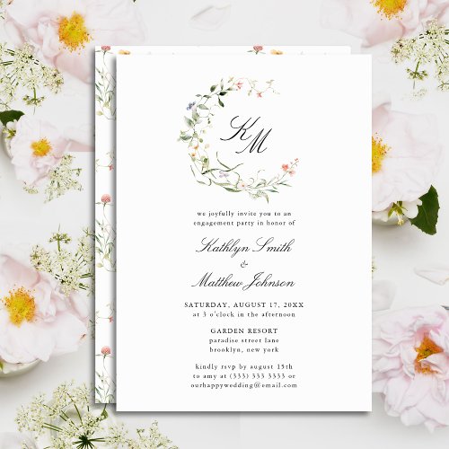 Wildflower Monogram Wreath Modern Engagement Party Invitation