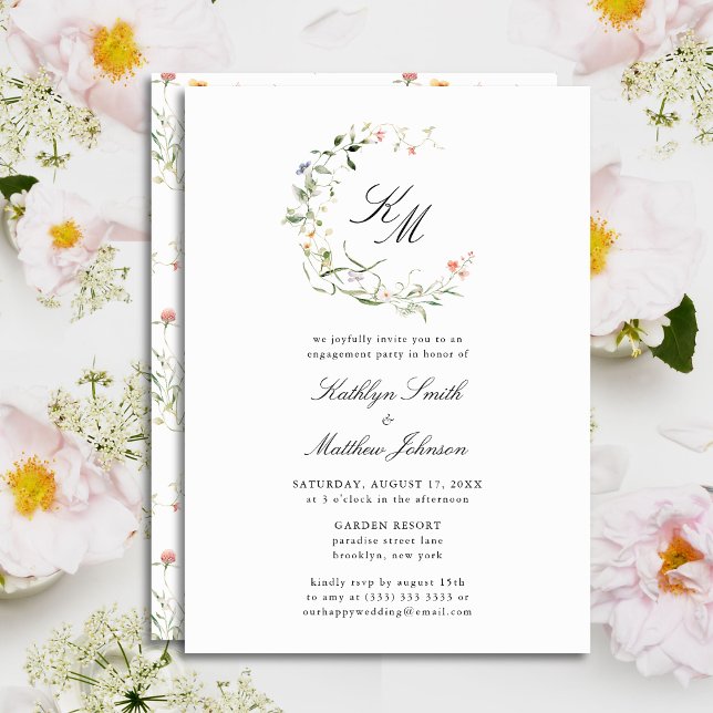 Wildflower Monogram Wreath Modern Engagement Party Invitation (Creator Uploaded)