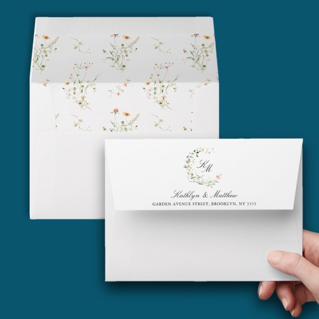 Wildflower Monogram Wreath Modern Garden Wedding Envelope (Creator Uploaded)