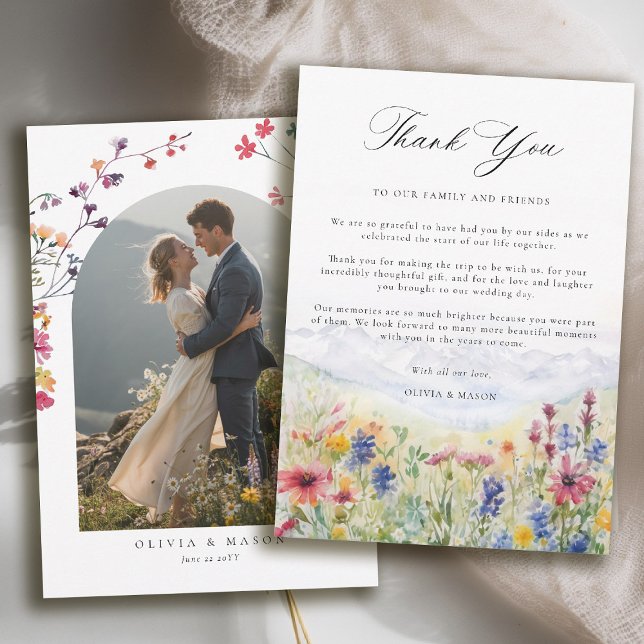 Wildflower Mountain Arch Photo Elegant Wedding Thank You Card (mountains wedding thank you card boho arch photo wildflowers meadow floral watercolor)