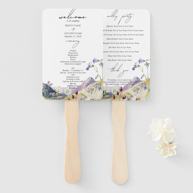 Wildflower Mountain Itinerary Wedding Program Hand Fan (Front and Back)