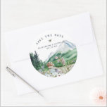 Wildflower Mountain | Wedding Save the Date Classic Round Sticker<br><div class="desc">Add a special touch to envelopes, goodie bags, handmade treats, and more with our rustic mountain stickers. Add your custom wording to this design by using the "Edit this design template" boxes on the right hand side of the item, or click the blue "Customize it" button to arrange the text,...</div>