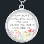 Wildflower My Beautiful Family with First Names Silver Plated Necklace<br><div class="desc">Pretty wildflower necklace personalized with your custom text, such as "my beautiful family" and the first names of your kids, in-laws and/or grandchildren. The design features delicate watercolor meadow wild flowers in pink orange and yellow. It is lettered with casual modern script and whimsical typography. Feel free to change the...</div>