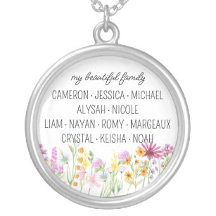 Wildflower My Beautiful Family with First Names Silver Plated Necklace