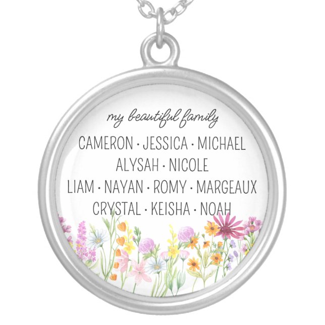 Wildflower My Beautiful Family with First Names Silver Plated Necklace (Front)