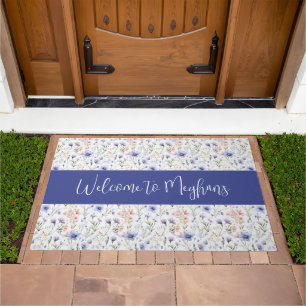 Wildflower Name Blue Purple Watercolor Welcome Doormat