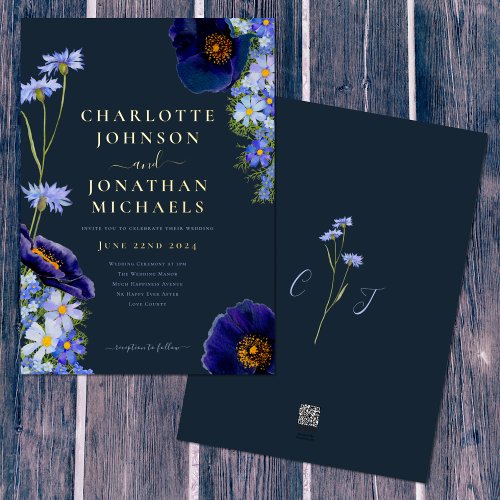 Wildflower Navy Blue and Gold Rustic Foil Invitation