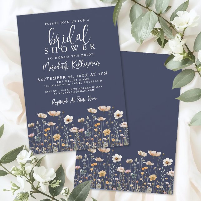 Wildflower Navy Blue Bridal Shower Invitation (Wildflower Beige Bridal Shower Invitation)