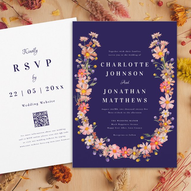 Wildflower Navy Blue Fall Wedding Invitation (Elegant floral navy blue fall wedding invitation with wildflower dried flowers wreath)