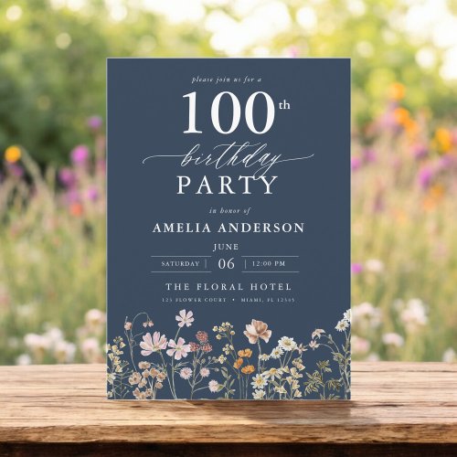 Wildflower Navy Blue Garden Floral 100th Birthday