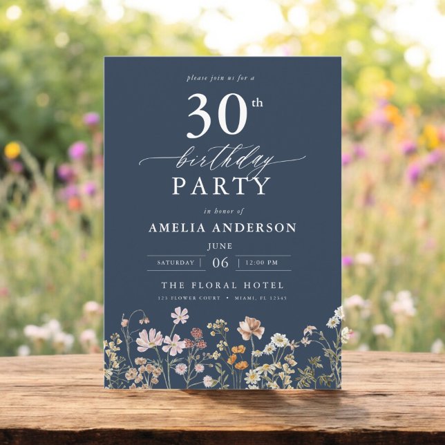 Wildflower Navy Blue Garden Floral 30th Birthday Invitation (Creator Uploaded)