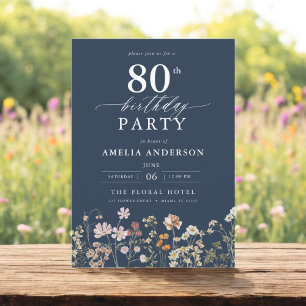 Wildflower Navy Blue Garden Floral 80th Birthday Invitation