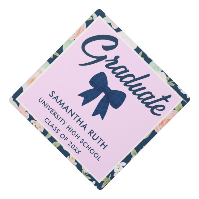 Wildflower Navy Blue Gingham Bow Graduation Cap Topper (Front)