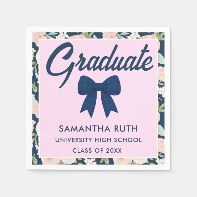 Wildflower Navy Blue Gingham Bow Graduation Party Napkins (Front)