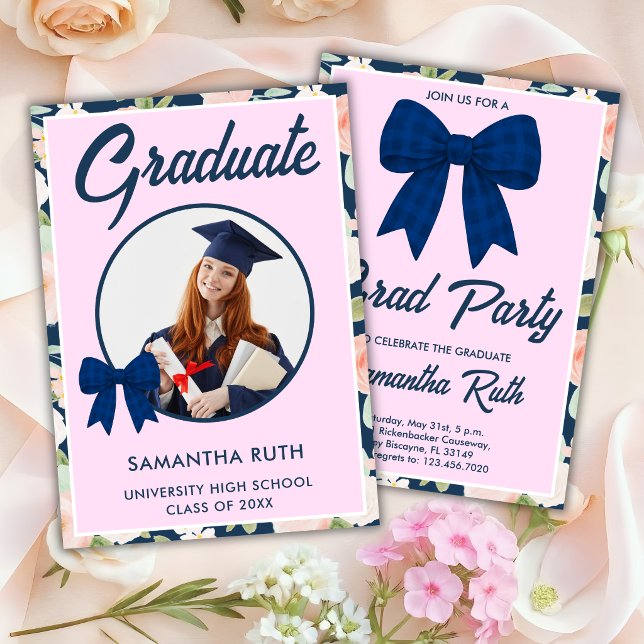 Wildflower Navy Blue Gingham Bow Photo Graduation Invitation (Creator Uploaded)