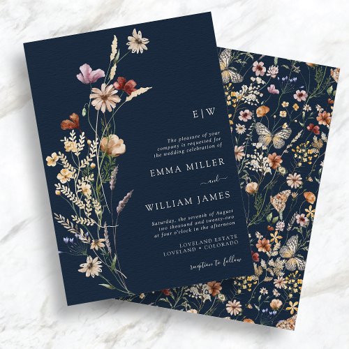 Wildflower Navy Blue Wedding Invitation