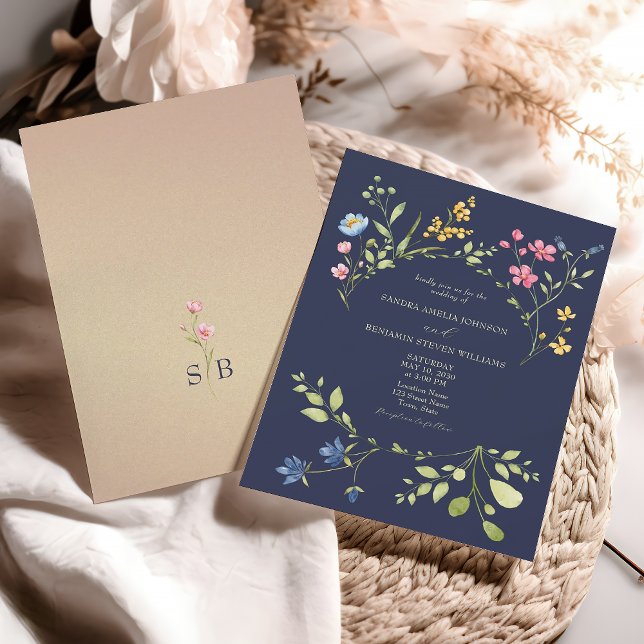 Wildflower Navy Blue Wedding Invitation (Creator Uploaded)