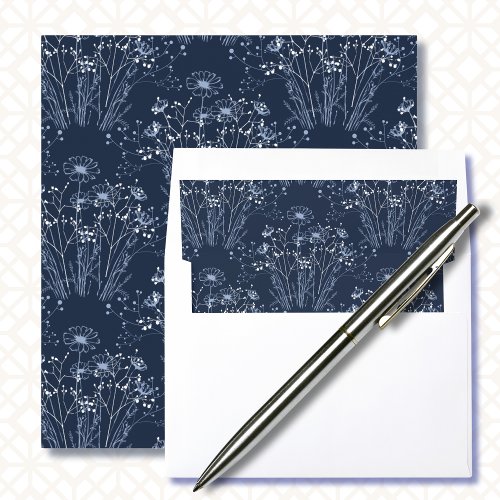 Wildflower Navy Blue White Botanical Wedding  Envelope Liner