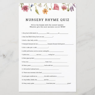 Wildflower Nursery Rhymes Quiz Baby Shower Game