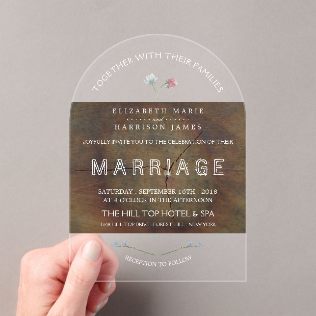 Wildflower Oak Wood Wedding Acrylic Invitations (Insitu (Handheld))