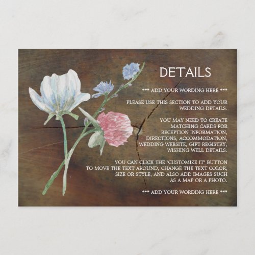 Wildflower Oak Wood Wedding Detail Enclosure Card