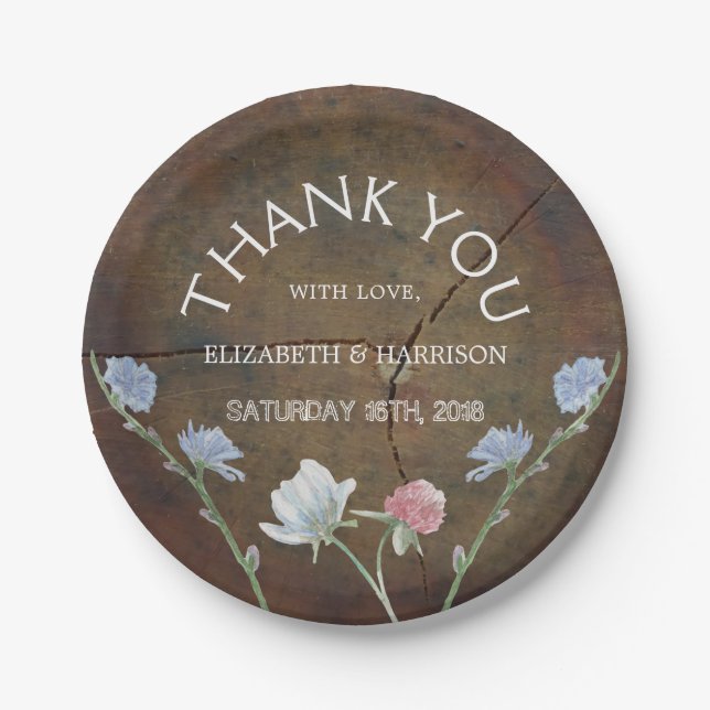 Wildflower Oak Wood Wedding Paper Plates (Front)