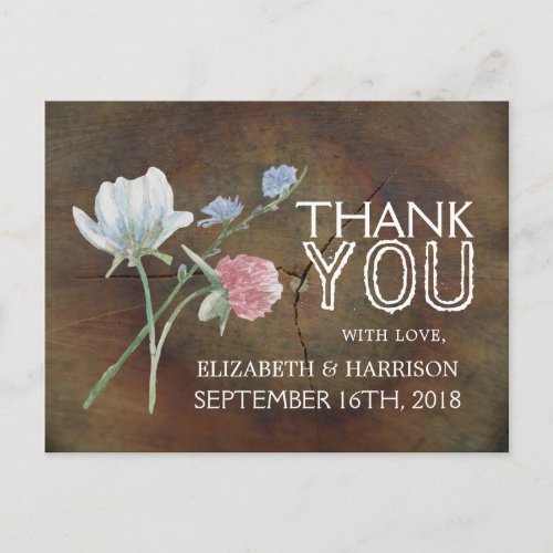 Wildflower Oak Wood Wedding Thank You Postcard