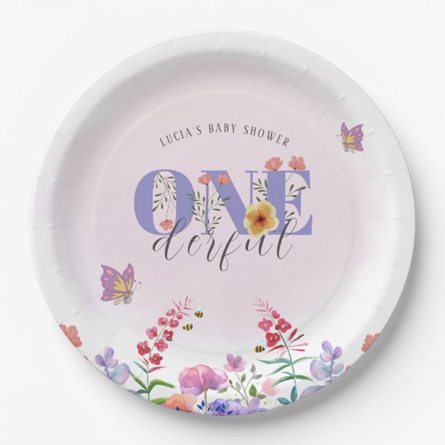 Wildflower Onederful Butterfly 1st Birthday Custom Paper Plates (Front)