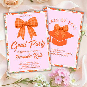 Wildflower Orange Gingham Bow Graduation Party Invitation