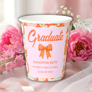 Wildflower Orange Gingham Bow Graduation Party Paper Cups