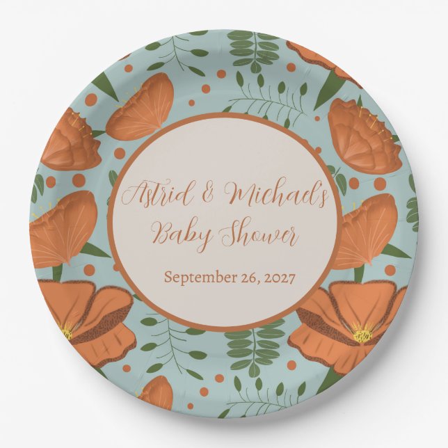 Wildflower Orange Poppy Baby Shower| Spring Garden Paper Plates (Front)