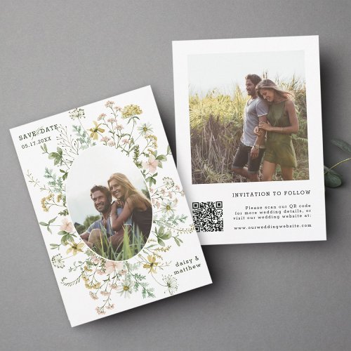 Wildflower Oval Frame 2 Photo Wedding QR Code Save The Date