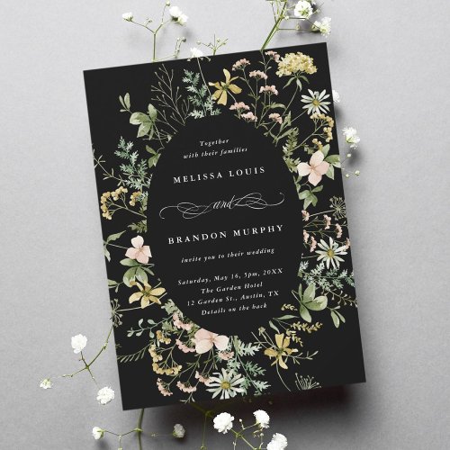 Wildflower Oval Frame Wedding Black Invitation