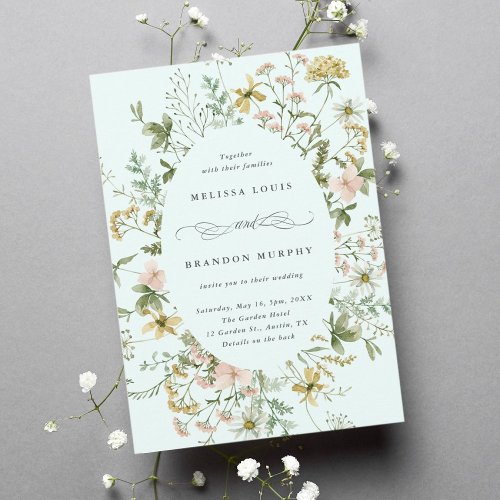 Wildflower Oval Frame Wedding Mint Invitation