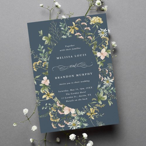 Wildflower Oval Frame Wedding Navy Blue Invitation