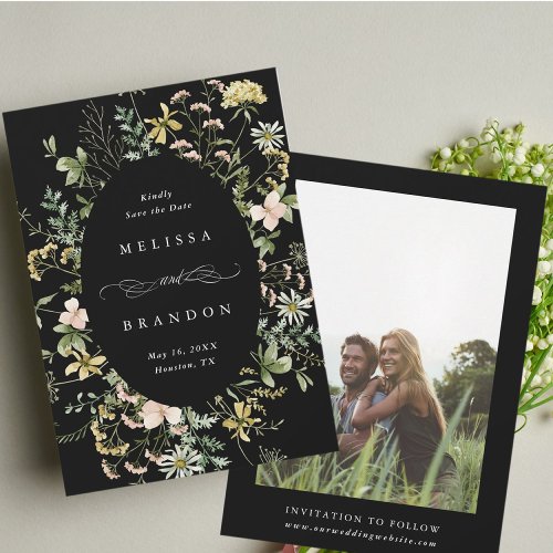 Wildflower Oval Frame Wedding Photo Black Save The Date