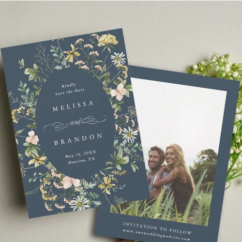 Wildflower Oval Frame Wedding Photo Navy Save The Date