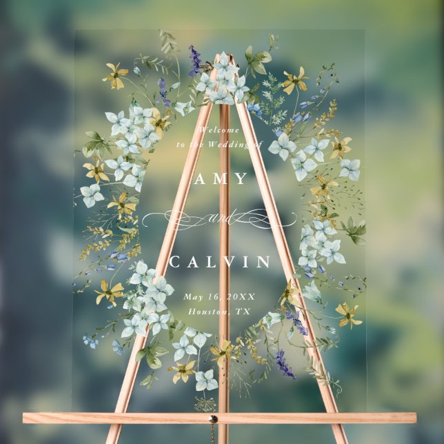 Wildflower Oval Wreath Frame Wedding Welcome Acrylic Sign (Neutral)