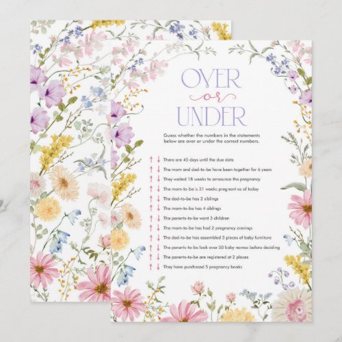 Wildflower Over or Under Baby Shower Game Card