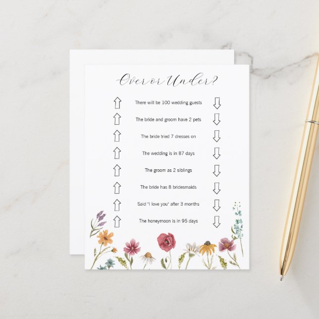 Wildflower Over or Under Bridal Shower Game (Front/Back In Situ)