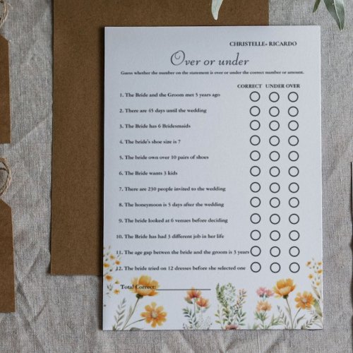 Wildflower  Over or under bridal shower game Card