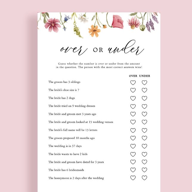 Wildflower Over or Under Bridal Shower Game Cards (Creator Uploaded)