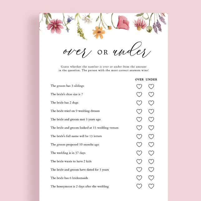Wildflower Over or Under Bridal Shower Game Cards | Zazzle