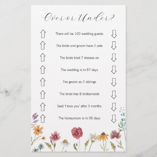 Wildflower Over or Under Bridal Shower Game  Flyer