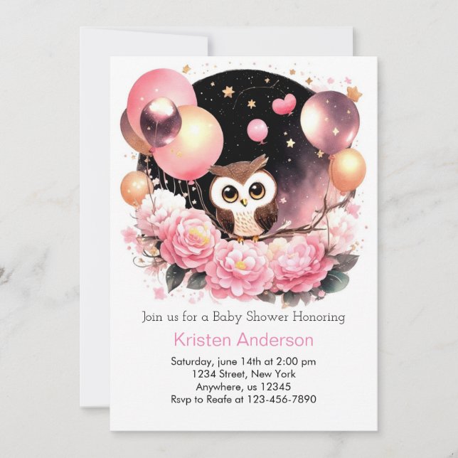 Wildflower Owl Woodland Pink Girl Baby Shower Invitation (Front)